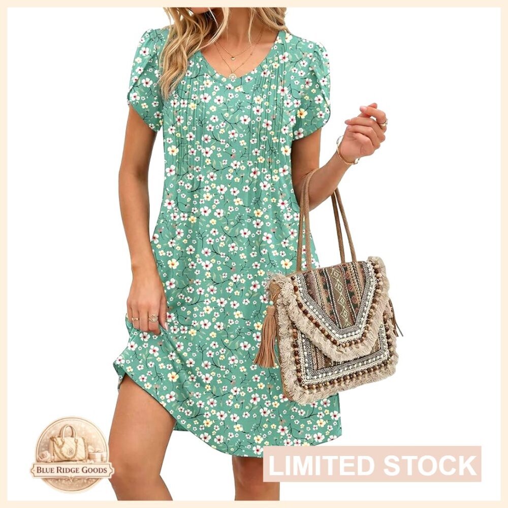 V-Neck A-Line Floral Sundress Boho Chic Pleated Casual Summer Dress